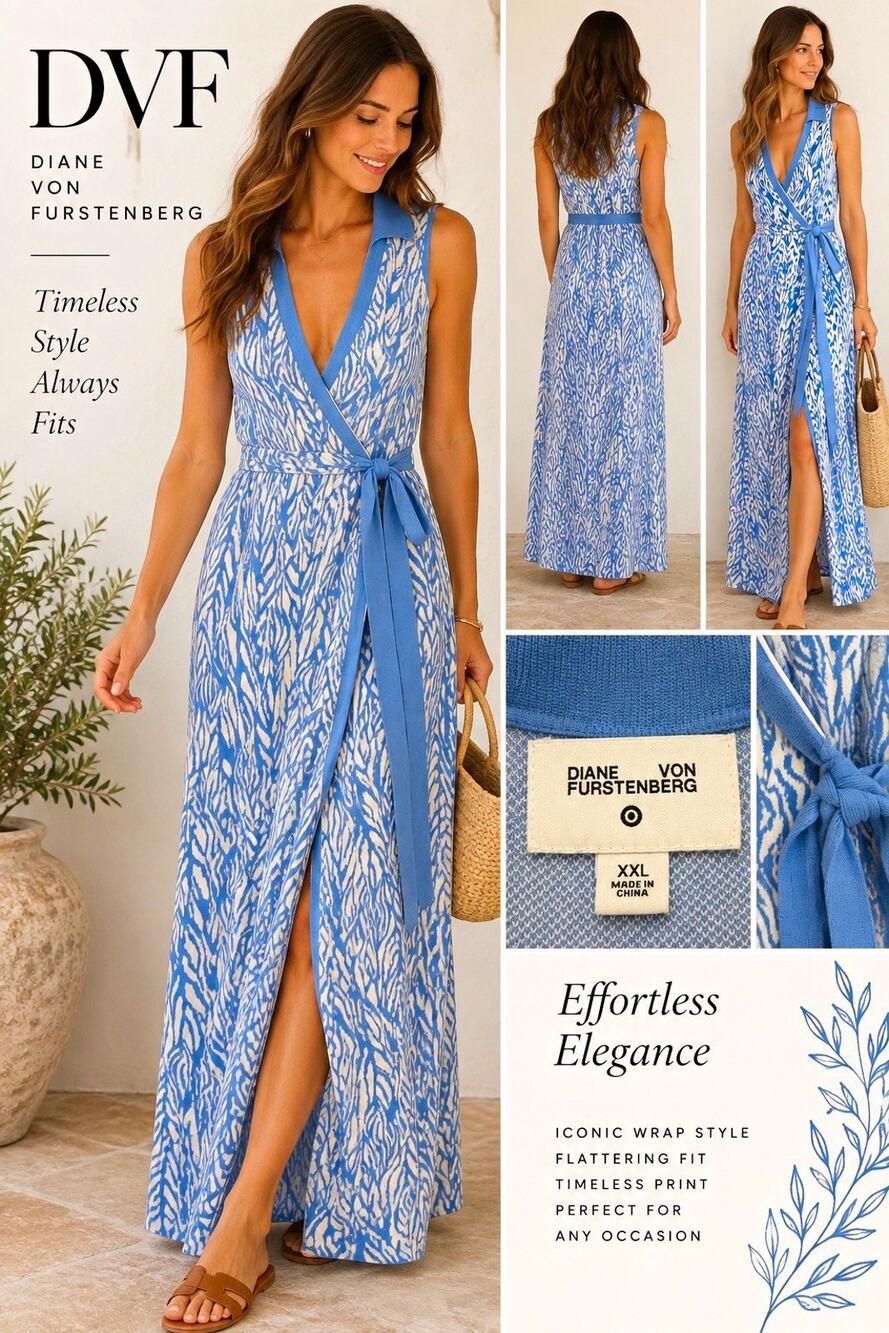 Diane von Furstenberg Blue White Abstract Wrap Maxi Dress V-Neck Sleeveless 2XL
